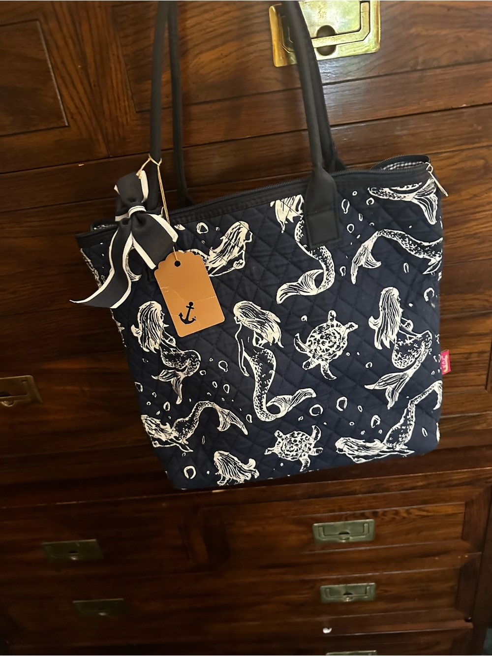 Navy Mermaid Print Quilted Tote Bag
